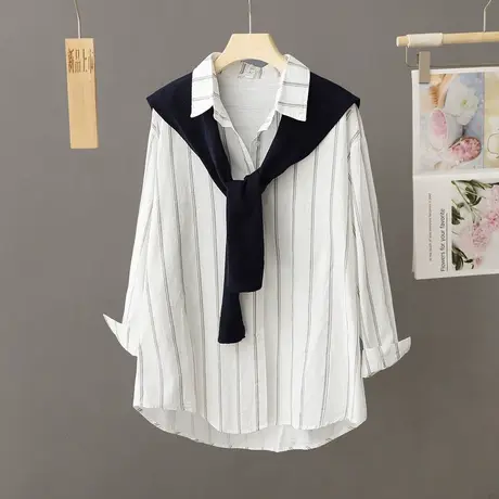 条纹时尚长袖衬衫女中长款秋装2024秋季新款休闲上衣减龄漂亮小衫商品大图
