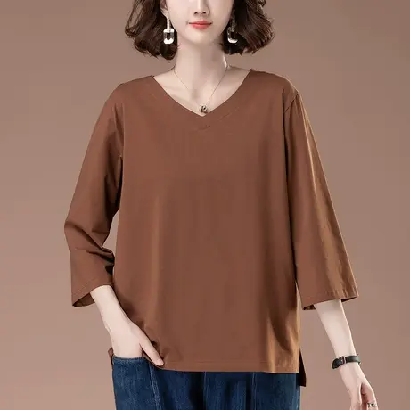 妈妈V领七分袖T恤加大码女装宽松中老年休闲纯棉遮肚显瘦中袖上衣商品大图