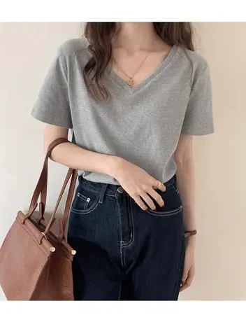 灰色短袖t恤女夏季2023薄款胖mm大码显瘦宽松螺纹针织半袖v领上衣商品大图