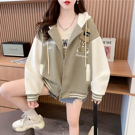 撞色棒球服外套女2023新款冬季韩版宽松加绒加厚大码夹克开衫卫衣商品大图