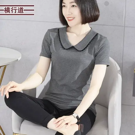 娃娃领修身短袖T恤2025新款夏装纯色简约外穿女上衣花边大码小衫图片