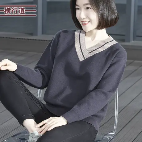V领撞色宽松长袖毛衣纯色大码韩版妈妈上衣2024新款春装针织衫女商品大图