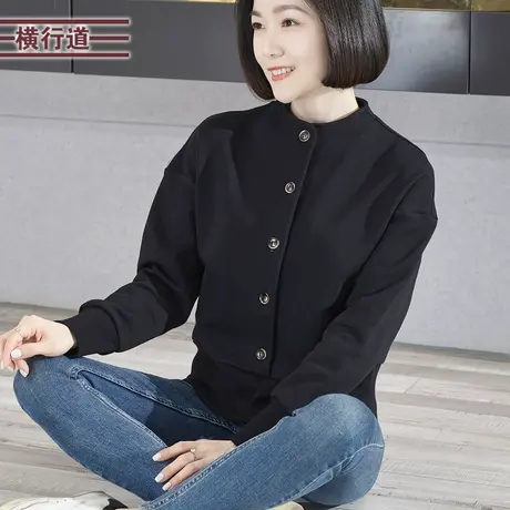 2024春装半高领纯色简约排扣宽松长袖卫衣保暖新款大码女上衣服商品大图