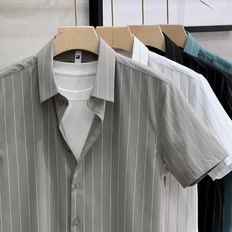 冰丝衬衫男短袖冰丝薄款商务高级感潮流男士条纹衬衣夏季2023新款商品大图