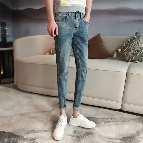 2023夏季新款刺绣小脚牛仔裤个性刮烂破洞铅笔裤男潮修身小脚裤商品大图