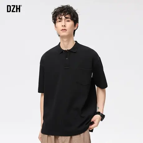 男士重磅商务polo衫短袖男美式纯色半袖上衣男装2023新款黑色t恤商品大图