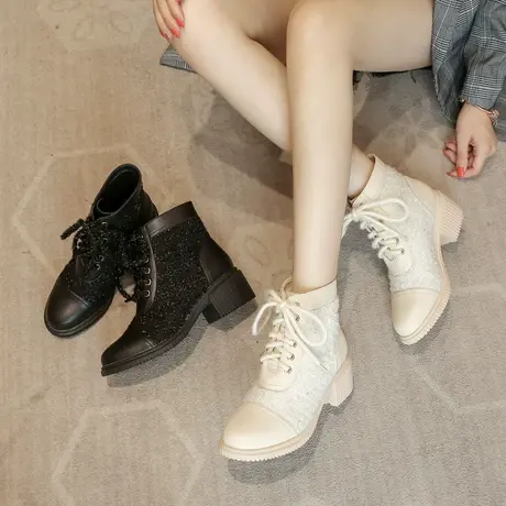 百翎2022年春秋靴子粗跟中跟白色马丁靴小码单靴小香风短靴女鞋子图片