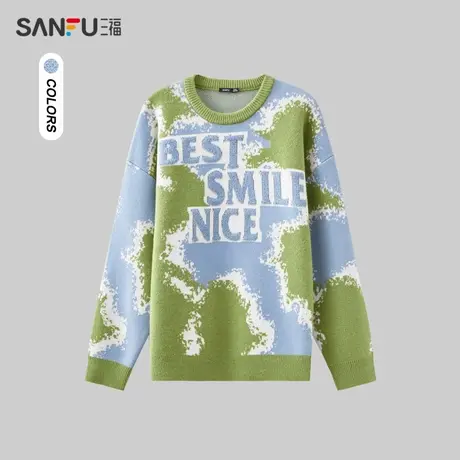 三福2023冬男士满版字母包芯纱毛衣 潮流宽松圆领上衣男478850商品大图