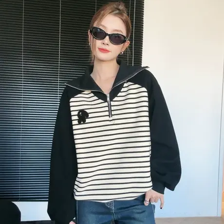 尔给无帽半拉链撞色插肩加绒加厚黑杏条纹卫衣女秋冬款2023新款图片