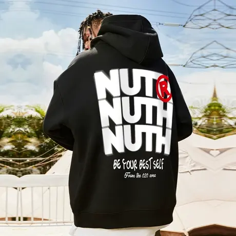 Nuthink加绒加厚美式直喷字母连帽卫衣男春秋款潮牌宽松大码外套商品大图