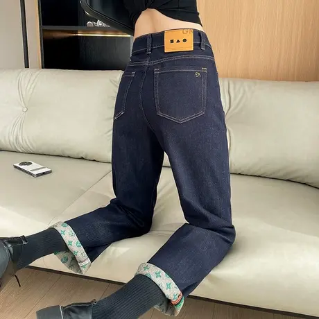 卷边高腰牛仔裤女秋冬新款抓绒宽松直筒加绒加厚哈伦萝卜老爹裤子图片
