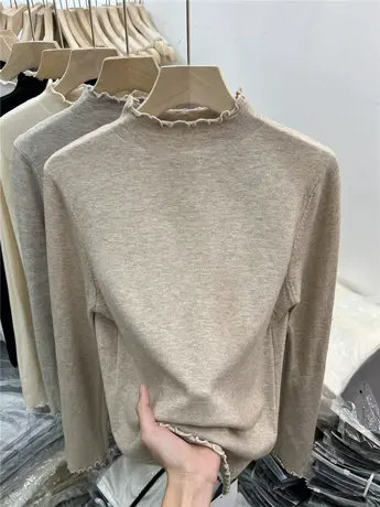 木耳边半高领针织衫早秋女2023欧货简约长袖t恤纯色打底衫上衣潮商品大图