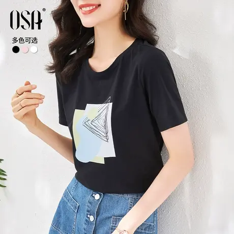 欧莎夏天2022年新款黑色圆领t恤短袖女士印花新品通勤宽松上衣图片
