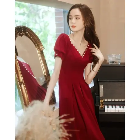 敬酒服新娘夏季薄款2023新款红色V领礼服女缎面中长款结婚答谢宴图片