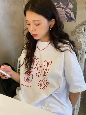 ins超火印花纯棉短袖t恤女2024夏季新款小众设计宽松休闲半袖上衣商品大图