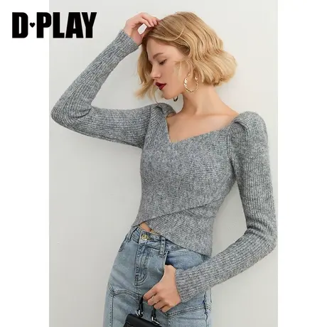 DPLAY秋装新复古法式气质灰交叉针织衫轻熟风泡泡袖修身短上衣商品大图