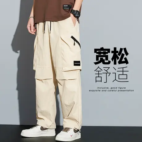 卡其色冰丝男士抽绳束脚多口袋休闲裤子夏季薄款男装户外机能工装图片
