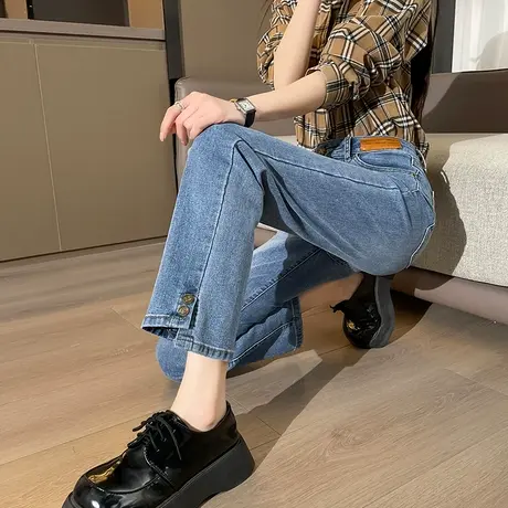 九分开叉直筒牛仔裤女春季2024新款高腰宽松显瘦小个子法棍烟管裤商品大图