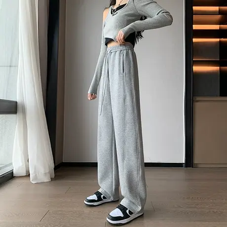 美式灰色直筒窄版阔腿运动裤女春秋2024新款休闲小个子香蕉裤卫裤图片