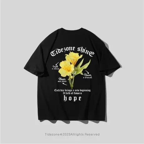 Ohlyah国潮小众设计感花卉短袖T恤男女同款宽松重磅纯棉圆领半袖商品大图