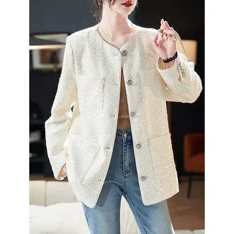 宝诗黎圆领小香风亮片中长款外套2024春季气质高级感百搭上衣女商品大图