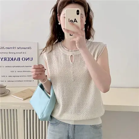 钉珠设计感针织衫女2024年春夏季新款圆领网纱拼接纯色薄款上衣女商品大图
