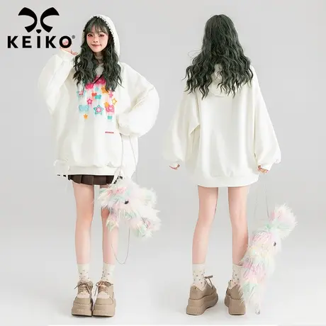 KEIKO 奶系白色连帽卫衣女24早春可爱甜美风星星晕染印花宽松外套商品大图