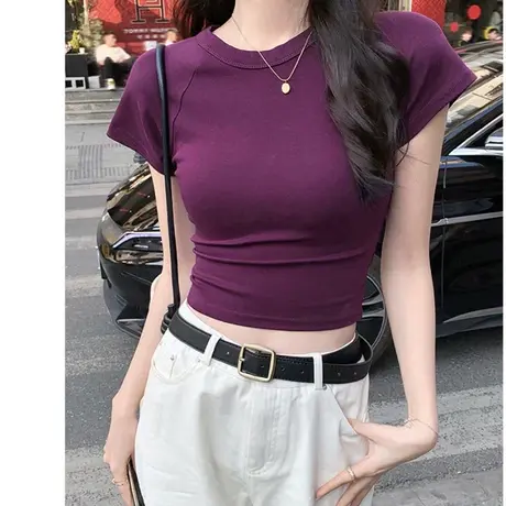紫色纯棉短袖t恤女2024夏季修身显瘦圆领高级感正肩T恤甜辣小上衣图片