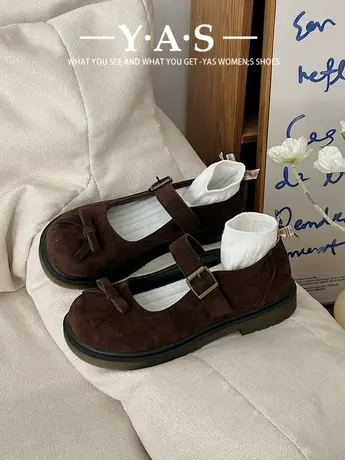 棕色复古日系平底玛丽珍鞋女2024新款春秋配裙子浅口蝴蝶结单鞋潮商品大图