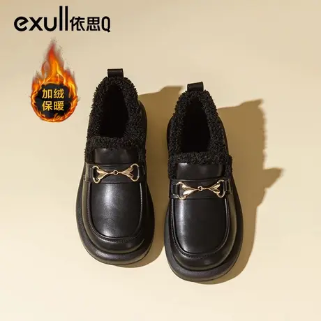 依思q厚底英伦小皮鞋女鞋2024新款秋款乐福鞋加绒平底单鞋豆豆鞋商品大图