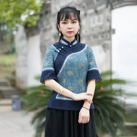 筠雅改良唐装上衣女中国风2023年新款年轻中式盘扣茶服女装居士服商品大图