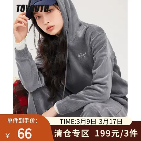 TOYOUTH初语新款卫衣女冬季灯芯绒休闲慵懒运动加绒连帽上衣商品大图