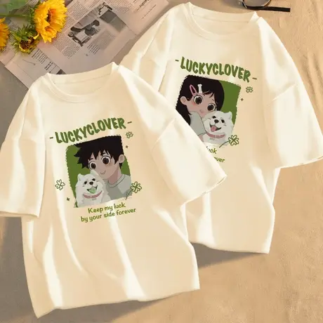 情侣装短袖t恤女2023年夏季新款纯棉半袖体恤米色设计感宽松上衣商品大图