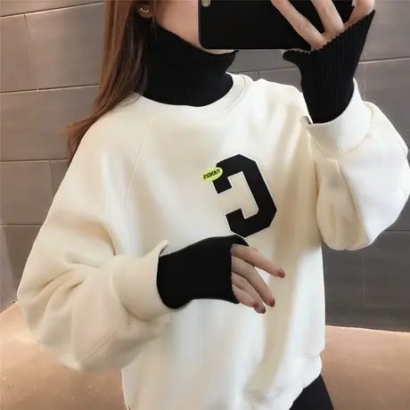 2023秋冬新款韩版宽松高领加绒加厚卫衣打底上衣女士字母撞色百搭图片