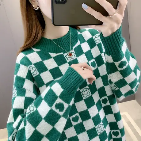 棋盘格毛衣女冬2023新款爆款宽松别致针织打底衫洋气内搭新年衣服图片