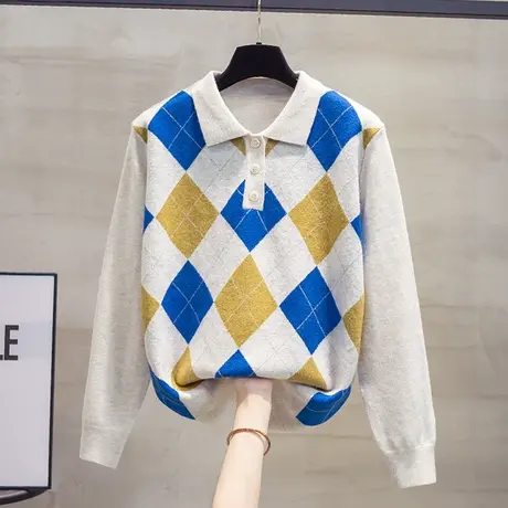 Polo领毛衣女套头2023秋冬新款宽松外穿上衣内搭打底衫菱形针织衫图片