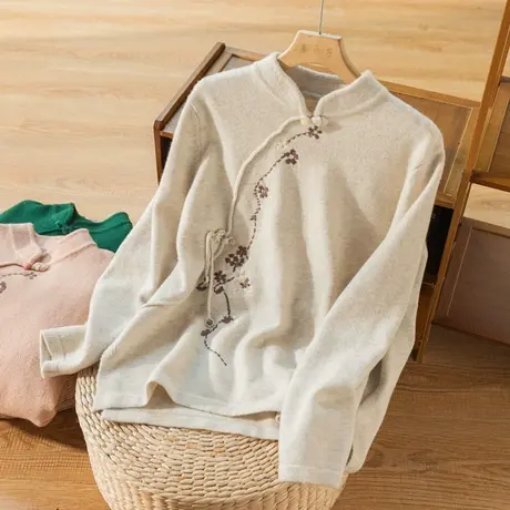 刺绣斜襟盘扣套头毛衣女宽松文艺复古中国风针织上衣秋冬2022新款商品大图