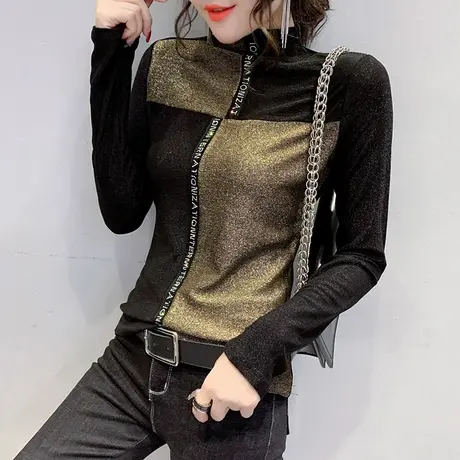 网纱加绒打底衫女春秋加厚保暖内搭T恤女长袖半高领修身洋气上衣商品大图