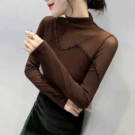 时尚钉珠T恤女长袖半高领修身小衫网纱拼接上衣加绒打底衫女秋冬商品大图