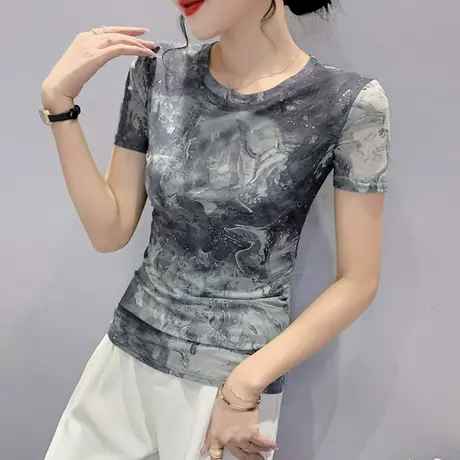 扎染短袖女欧货时尚网纱t恤2023设计感潮流上衣修身圆领小衫夏季商品大图