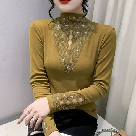 网纱拼接镂空T恤女长袖内搭洋气性感修身上衣半高领打底衫秋冬ins商品大图