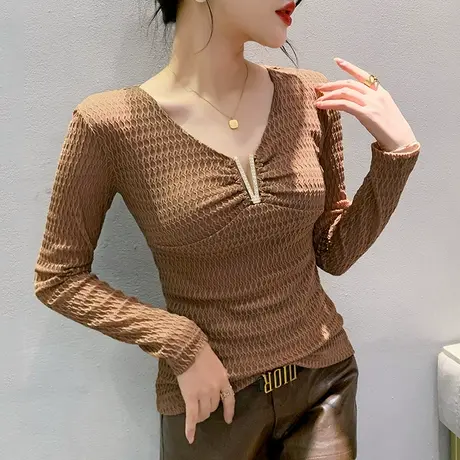 时尚网纱长袖T恤女秋装2023新款洋气纯色百搭打底衫性感V领上衣潮商品大图