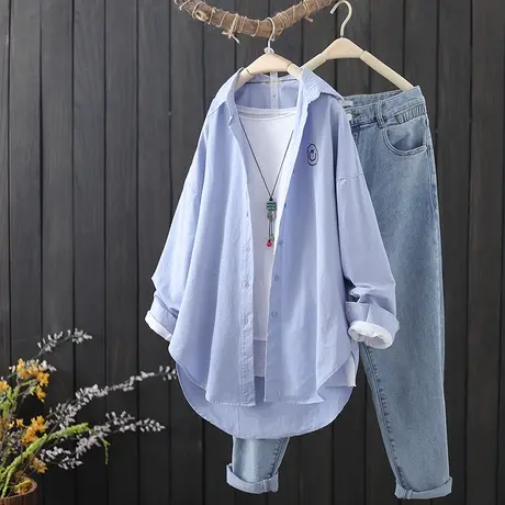 长袖纯棉衬衫女春秋季新款文艺范刺绣中长款衬衣宽松百搭休闲开衫图片