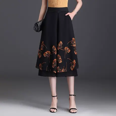 印花雪纺裙裤阔腿裤女夏薄款2023新款垂感宽松妈妈七分裤休闲裤裙图片