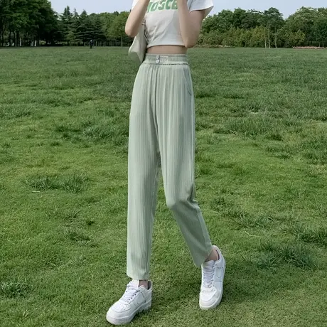 薄荷绿休闲裤女秋季2023年新款设计感高腰显瘦修身小个子哈伦裤子图片