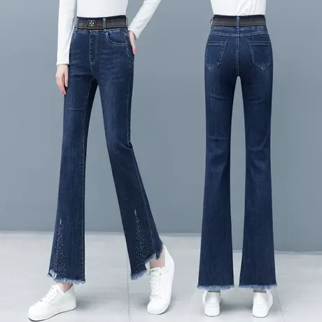 时尚带钻牛仔喇叭裤女流苏边设计感高腰喇叭裤修身小个子休闲长裤商品大图