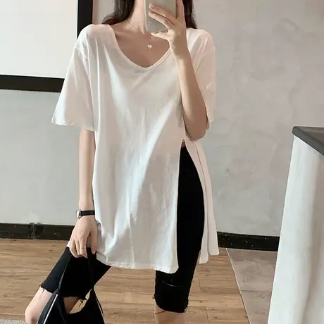 网红ins超火短袖t恤女2020夏季韩版宽松半袖设计感小众v领上衣服图片