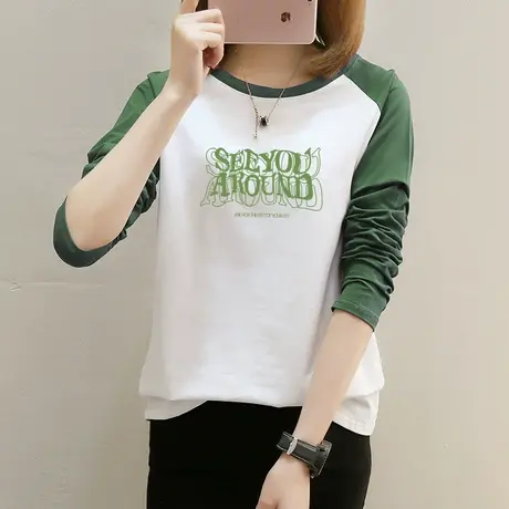 绿色长袖t恤女秋装圆领内搭2022年新款纯棉打底衫字母印花上衣潮商品大图