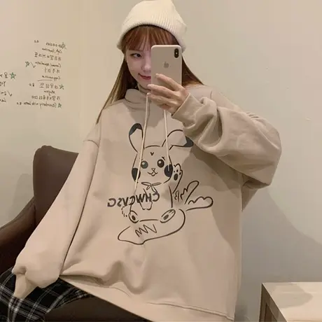 女士卫衣秋冬宽松韩版ins连帽上衣bf慵懒风加绒加厚waitmore外套商品大图