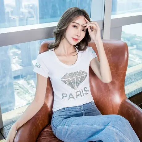 欧货白色短袖t恤女2022夏装新款韩版重工烫钻体恤修身洋气上衣潮图片